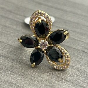 18K Gold Filled Black Onyx Floral Statement Ring | Size 7 | AAA CZ